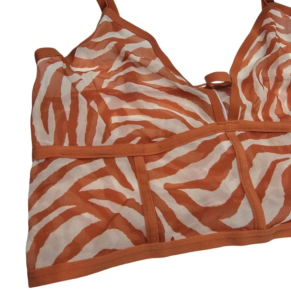 Auden Unlined Bralette M Orange Zebra Animal Print Sheer Mesh Wireless Bra NWOT